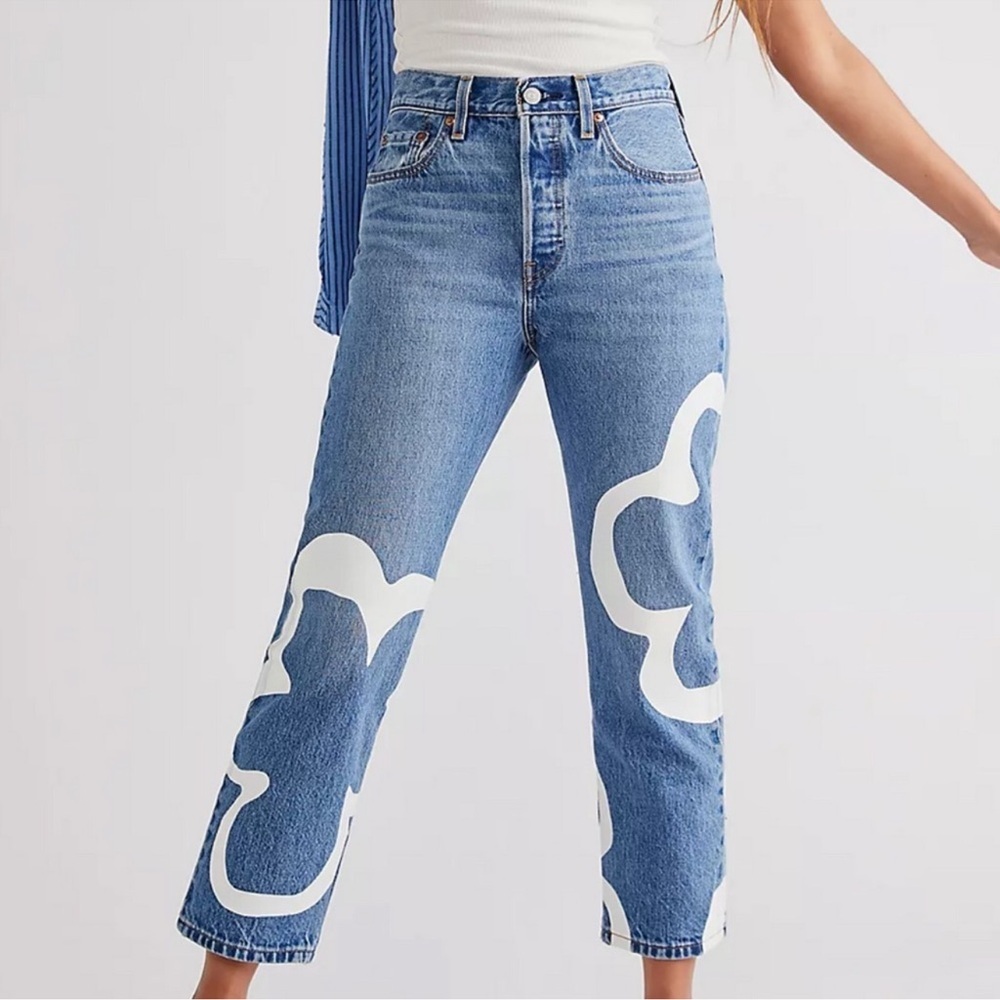 Levi's 501 Crop high rise straight leg blue 100% cotton Floral‎ print Jeans 28